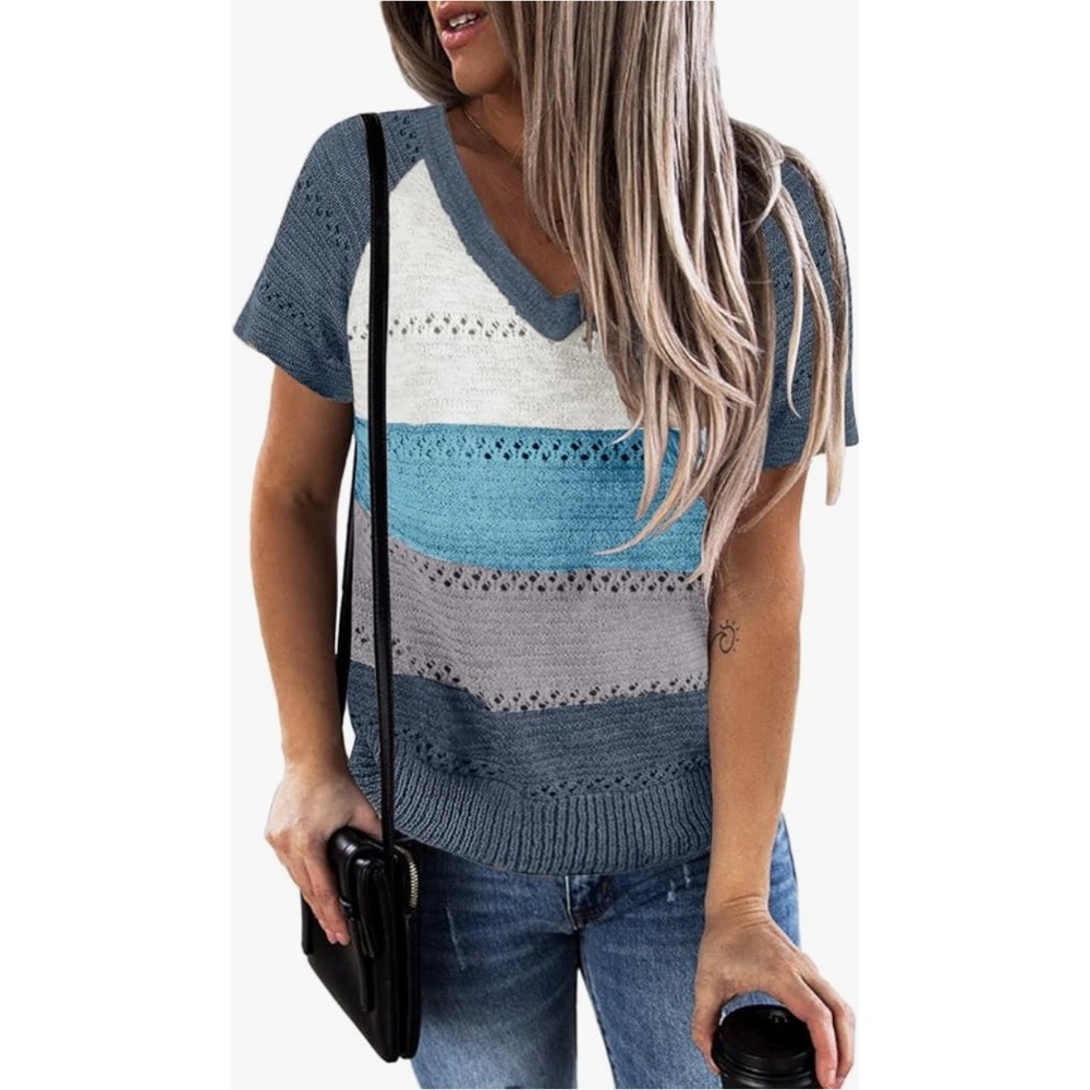 Murmurey Womens 2XL Colorblock V-Neck Short Sleeve Pointelle Knit Sweater NWT
